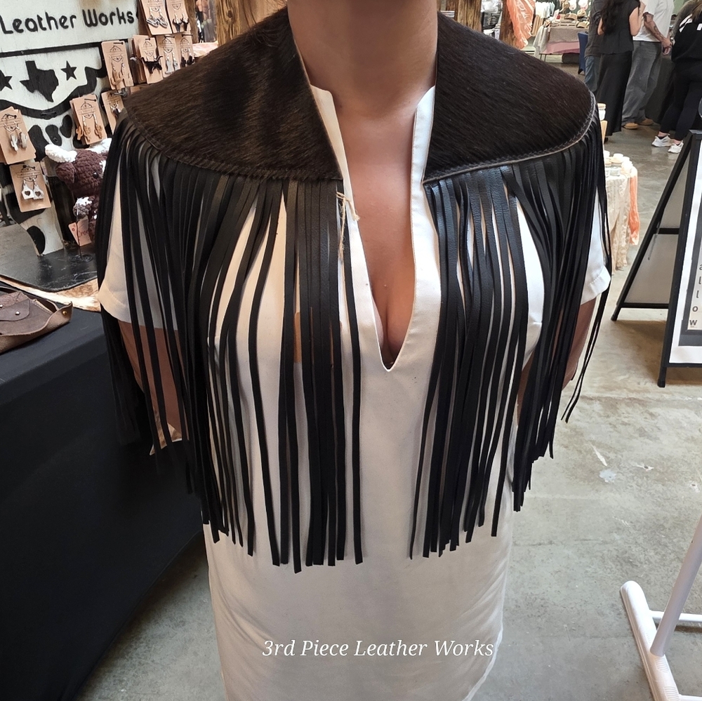 Black Cowhide Fringe Shawl Cape Western Leather Cowgirl Boho Festival